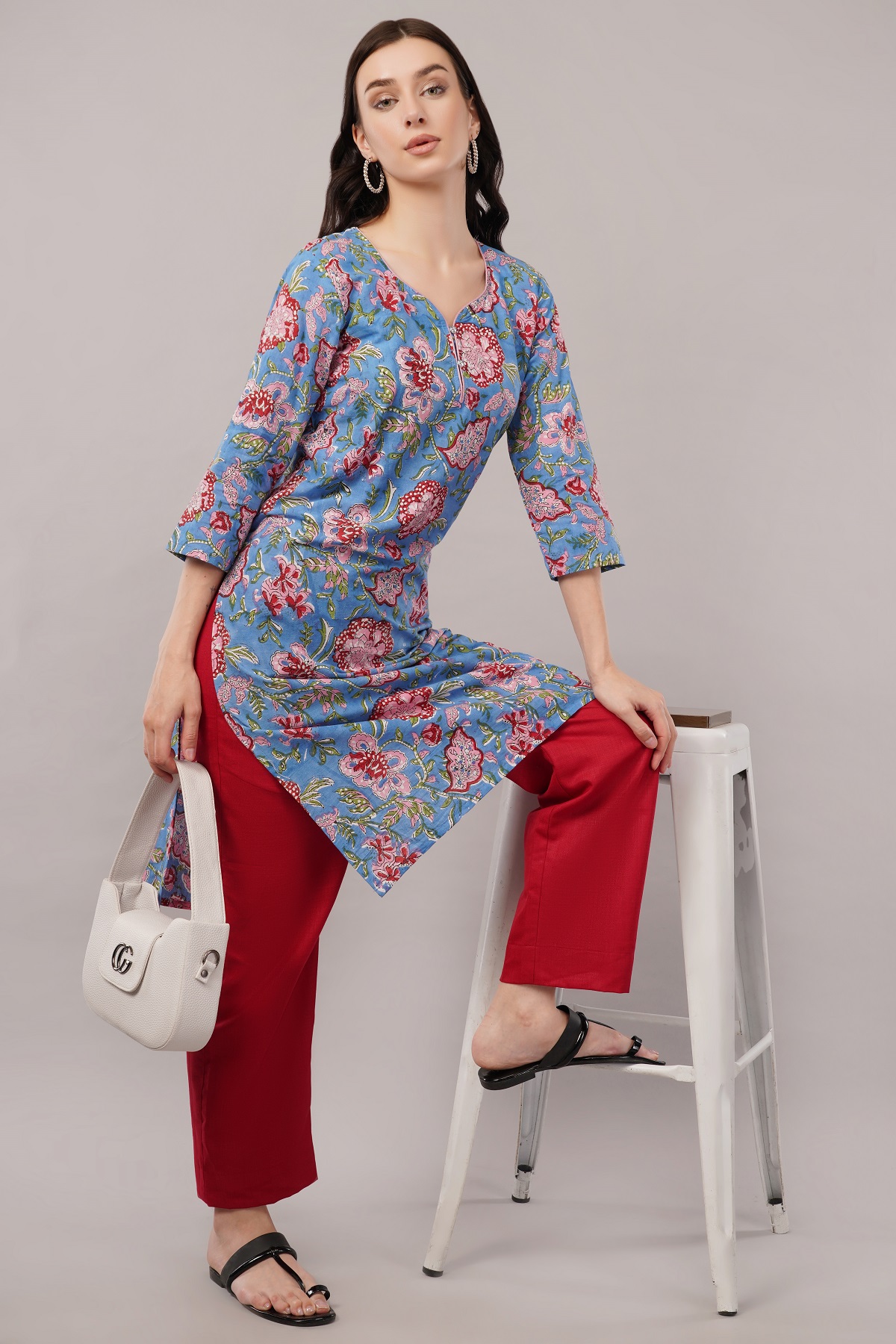 Cotton Floral Kurta, 3/4 Sleeve, Blue with Pink Flowers