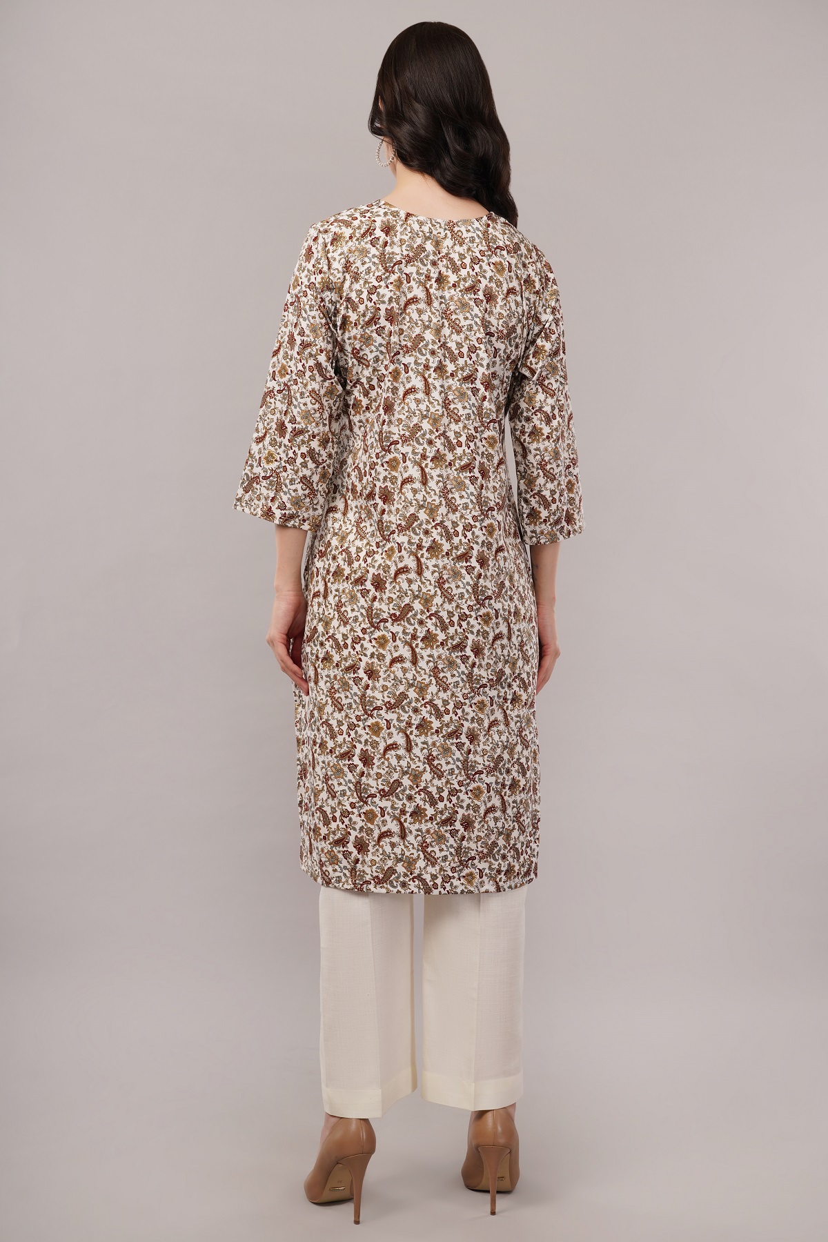 Floral Paisley Print Cotton Kurta, 3/4 Sleeve, Brown and White