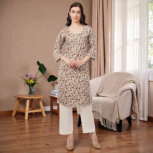 Floral Paisley Print Cotton Kurta, 3/4 Sleeve, Brown and White