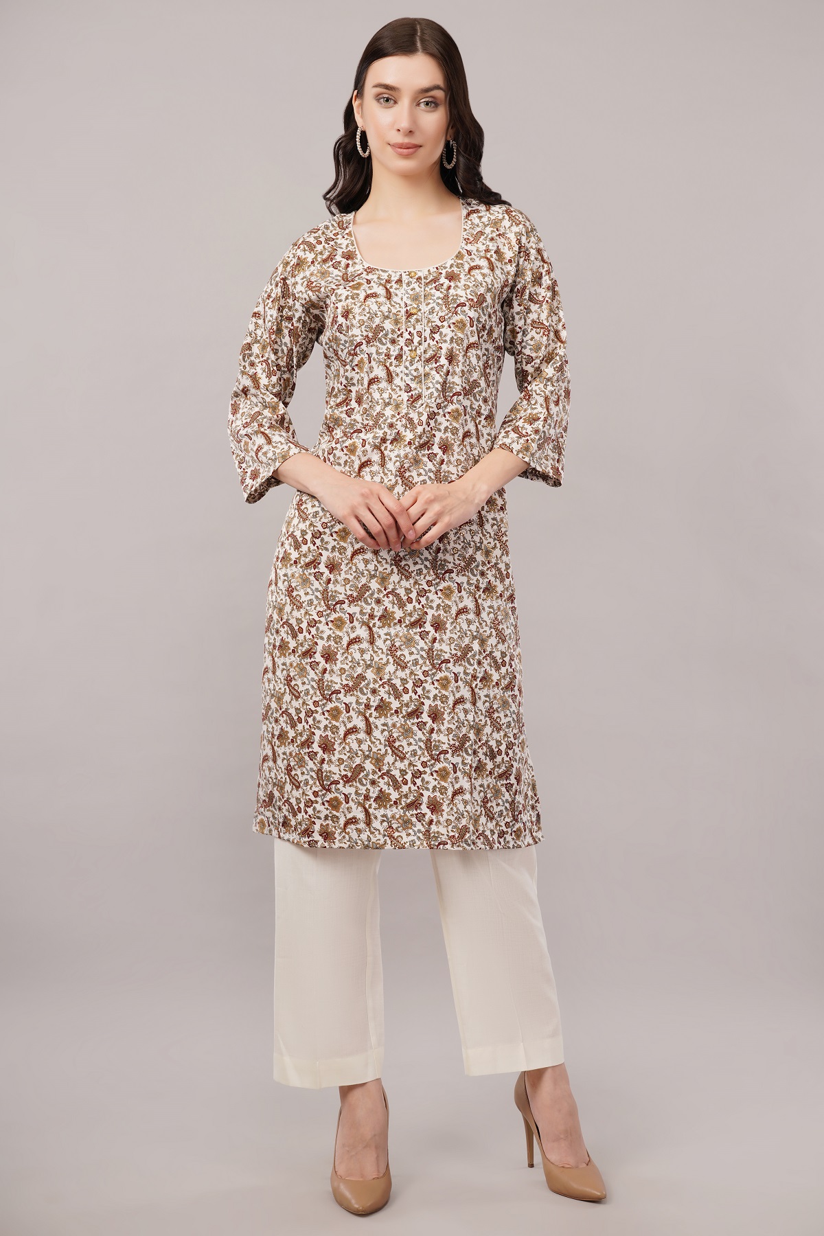 Floral Paisley Print Cotton Kurta, 3/4 Sleeve, Brown and White