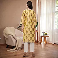 Floral Print Chanderi Kurta, 3/4 Sleeve, Yellow