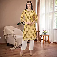 Floral Print Chanderi Kurta, 3/4 Sleeve, Yellow
