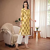 Floral Print Chanderi Kurta, 3/4 Sleeve, Yellow