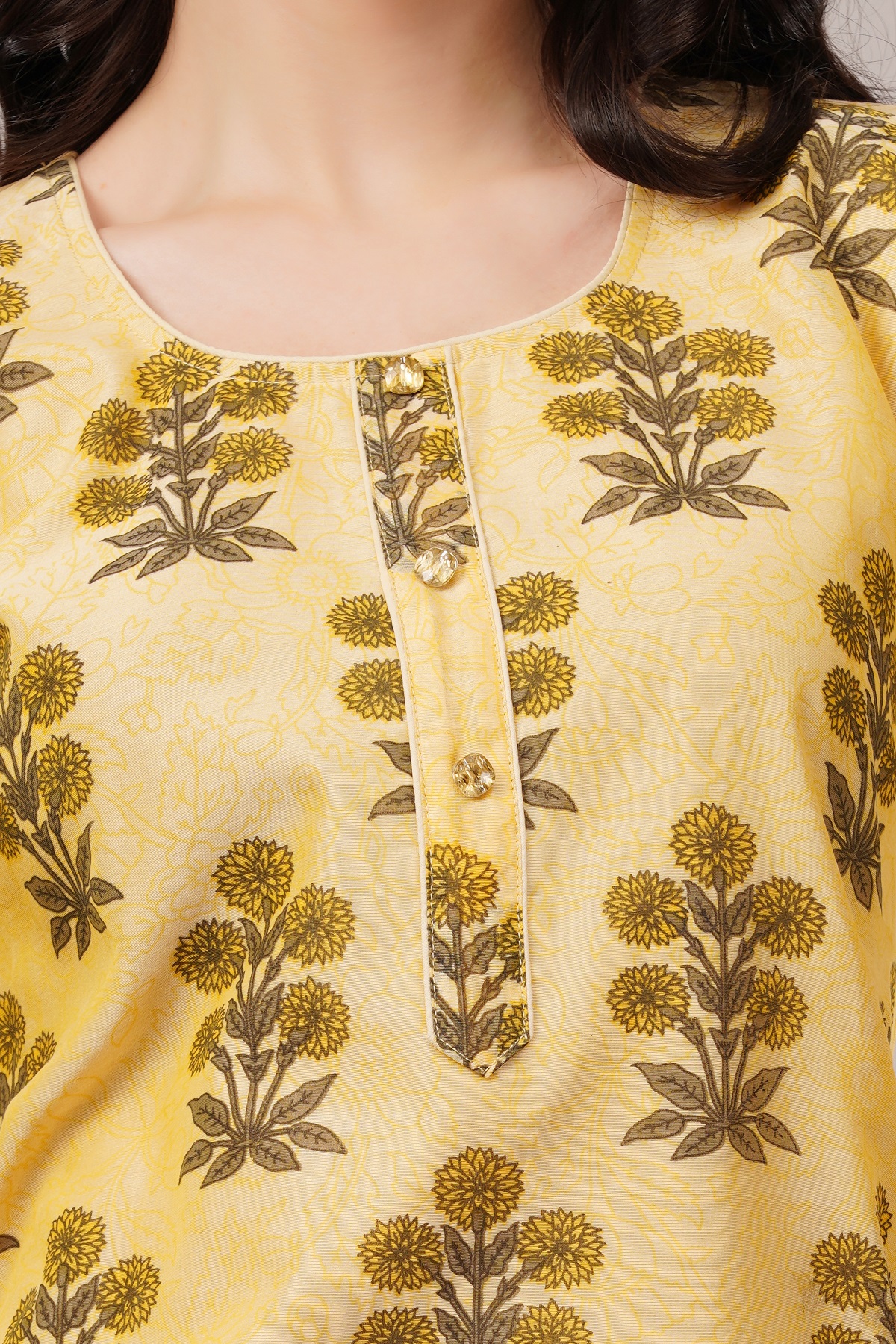 Floral Print Chanderi Kurta, 3/4 Sleeve, Yellow