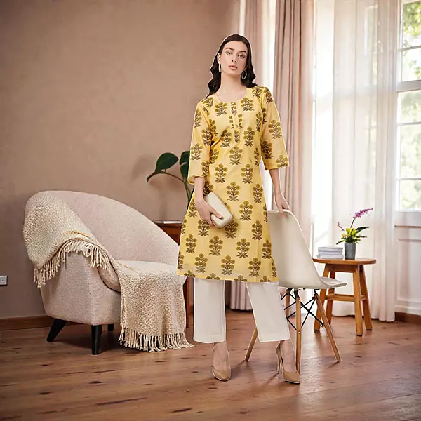 Floral Print Chanderi Kurta, 3/4 Sleeve, Yellow