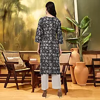 Elegant Floral Cotton Kurta, 3/4 Sleeve, Black and White