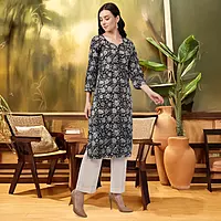 Elegant Floral Cotton Kurta, 3/4 Sleeve, Black and White