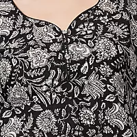 Elegant Floral Cotton Kurta, 3/4 Sleeve, Black and White