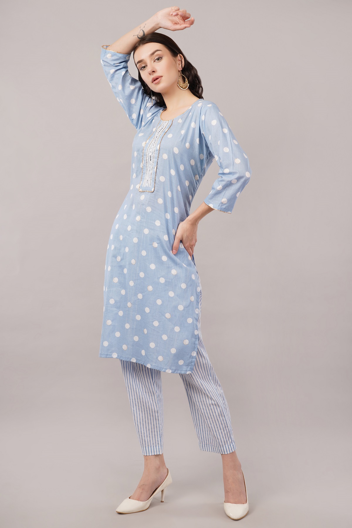 Polka Dot Cotton Salwar Suit Set with Striped Palazzo, 3/4 sleeves, Light Blue and White