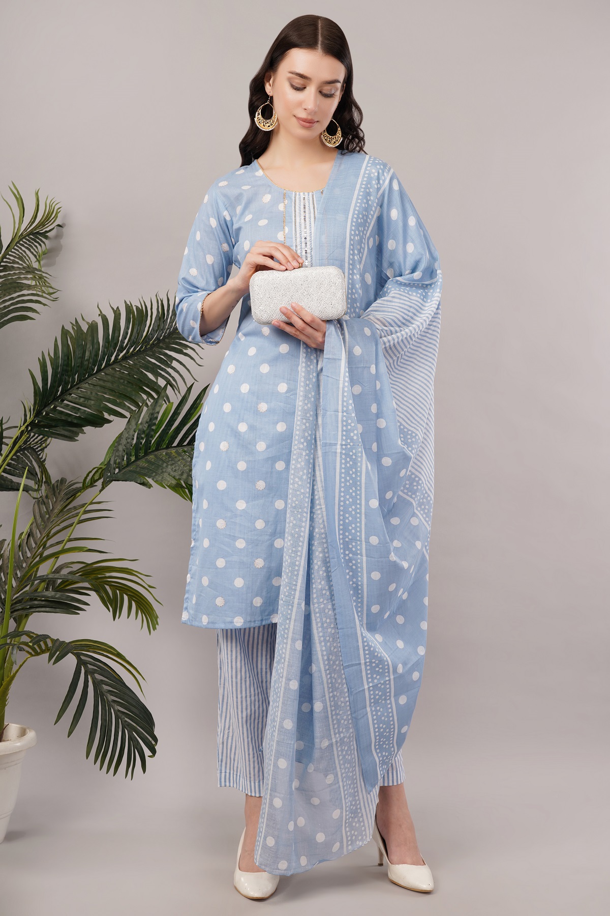 Polka Dot Cotton Salwar Suit Set with Striped Palazzo, 3/4 sleeves, Light Blue and White