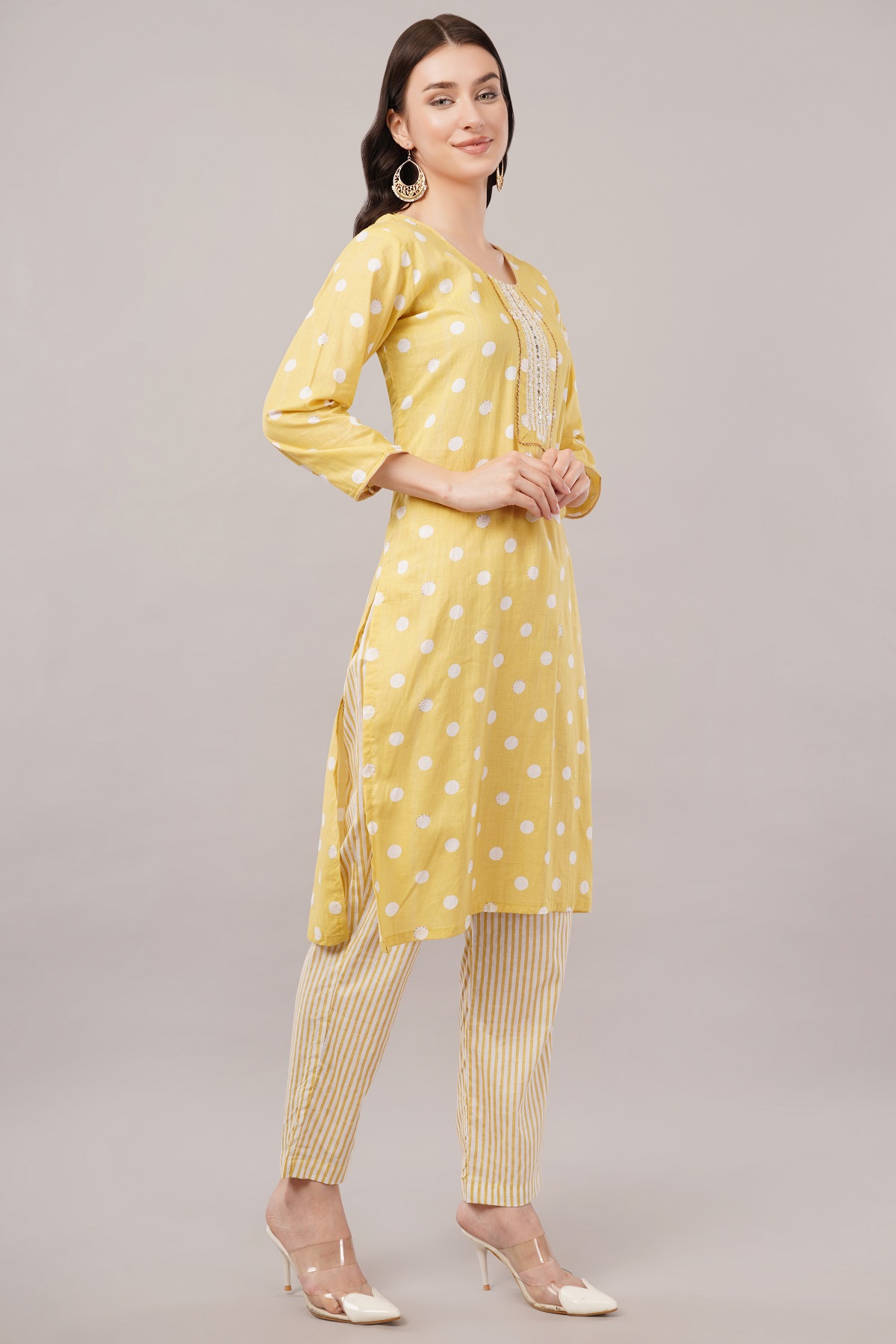 Cotton Polka Dot Salwar Suit Set, Yellow and White, 3/4 Sleeves, Embellished Yoke