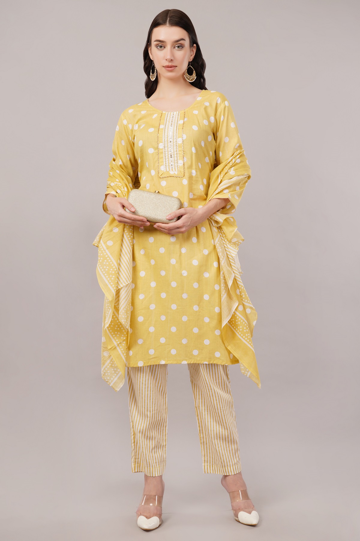Cotton Polka Dot Salwar Suit Set, Yellow and White, 3/4 Sleeves, Embellished Yoke