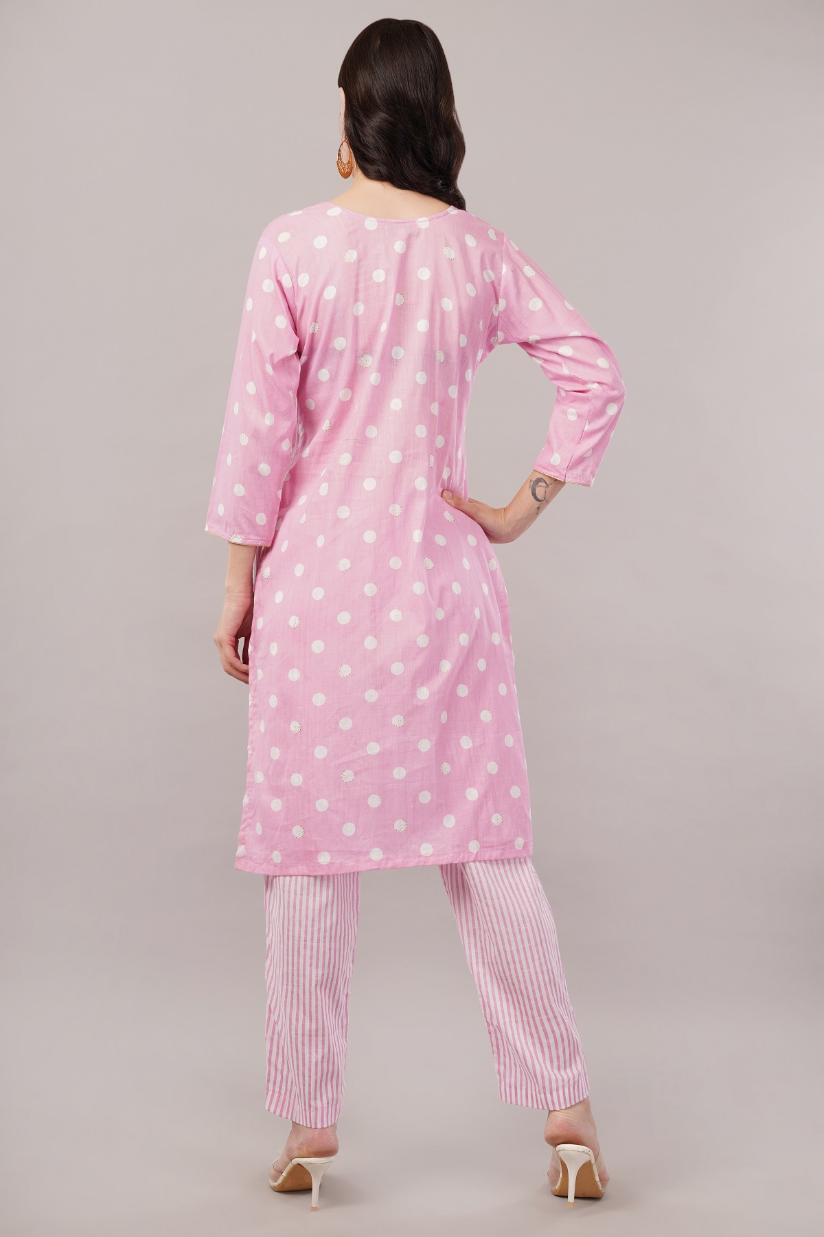 Pink Polka Dot Cotton Salwar Suit Set, 3/4 Sleeves, Striped Pants with Dupatta
