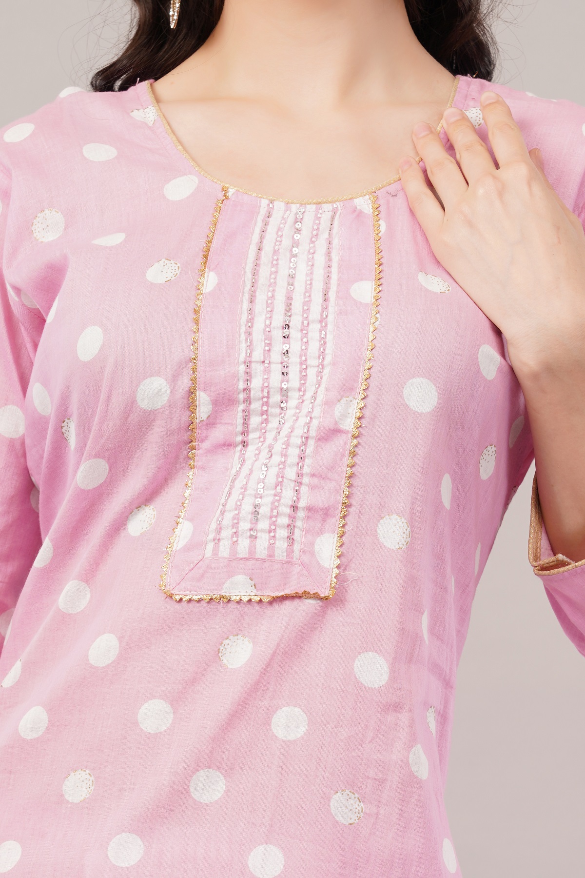 Pink Polka Dot Cotton Salwar Suit Set, 3/4 Sleeves, Striped Pants with Dupatta