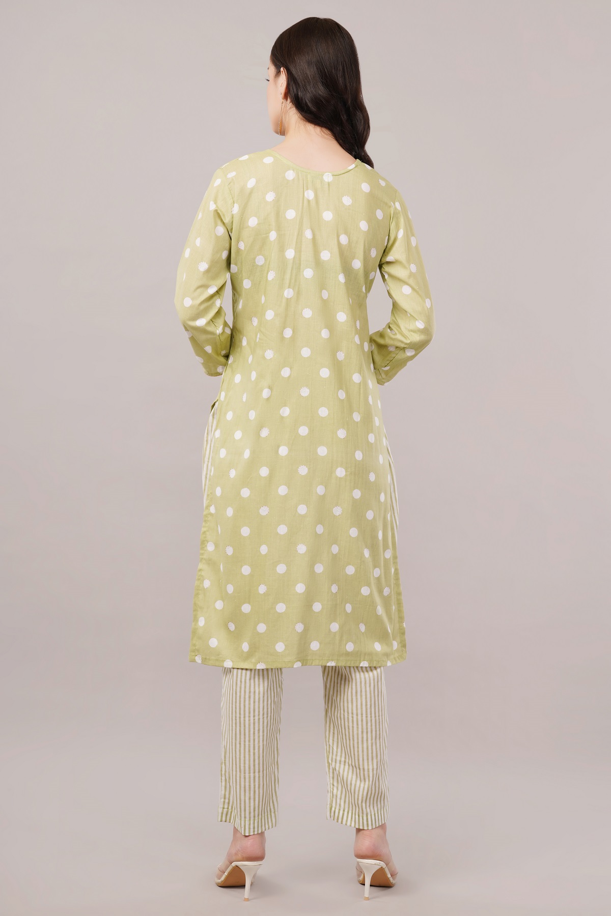Cotton Polka Dot Salwar Suit Set, 3/4 Sleeves with Striped Pants and Dupatta, Light Green