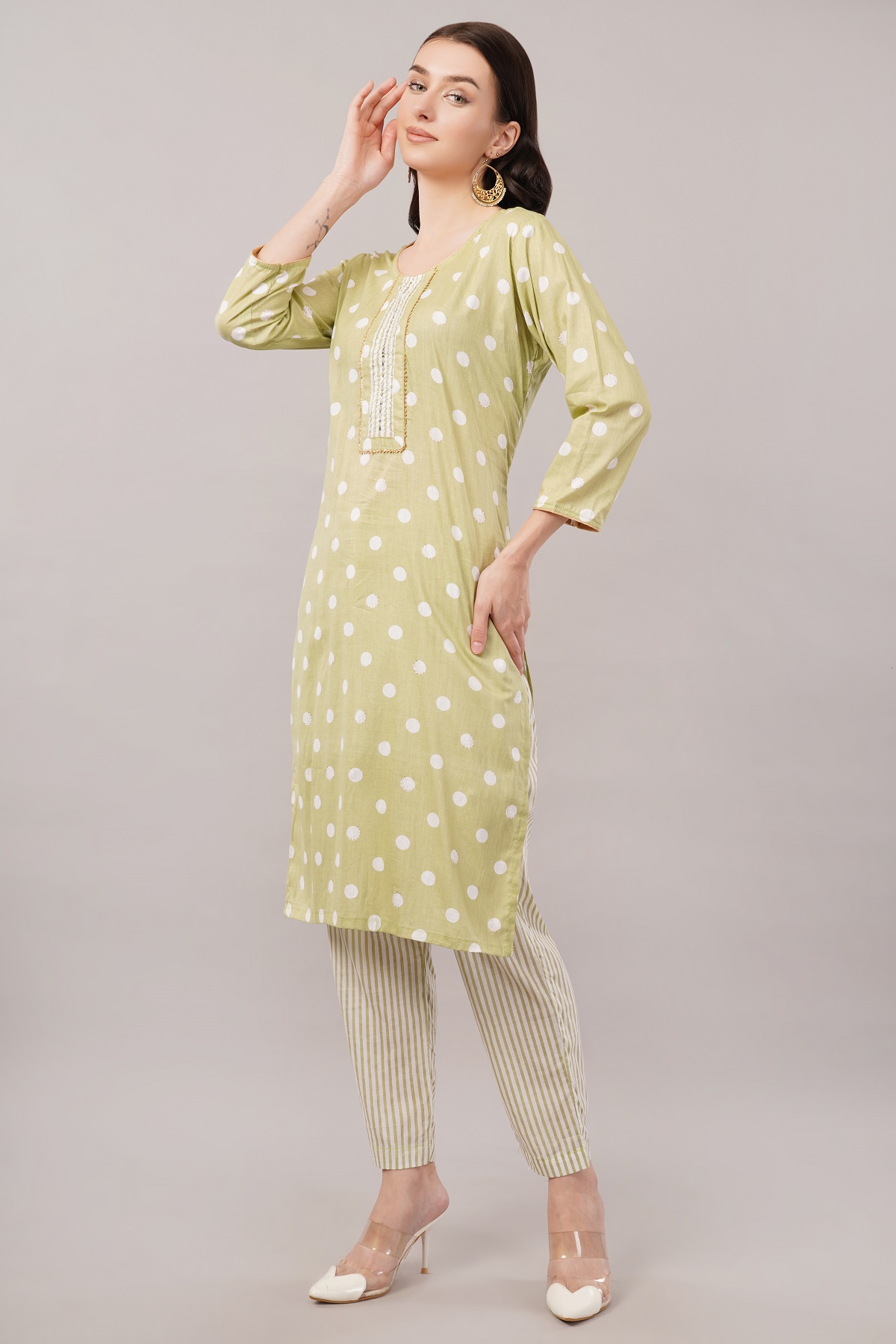 Cotton Polka Dot Salwar Suit Set, 3/4 Sleeves with Striped Pants and Dupatta, Light Green