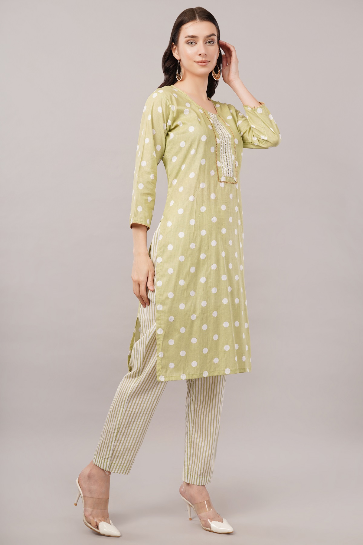 Cotton Polka Dot Salwar Suit Set, 3/4 Sleeves with Striped Pants and Dupatta, Light Green