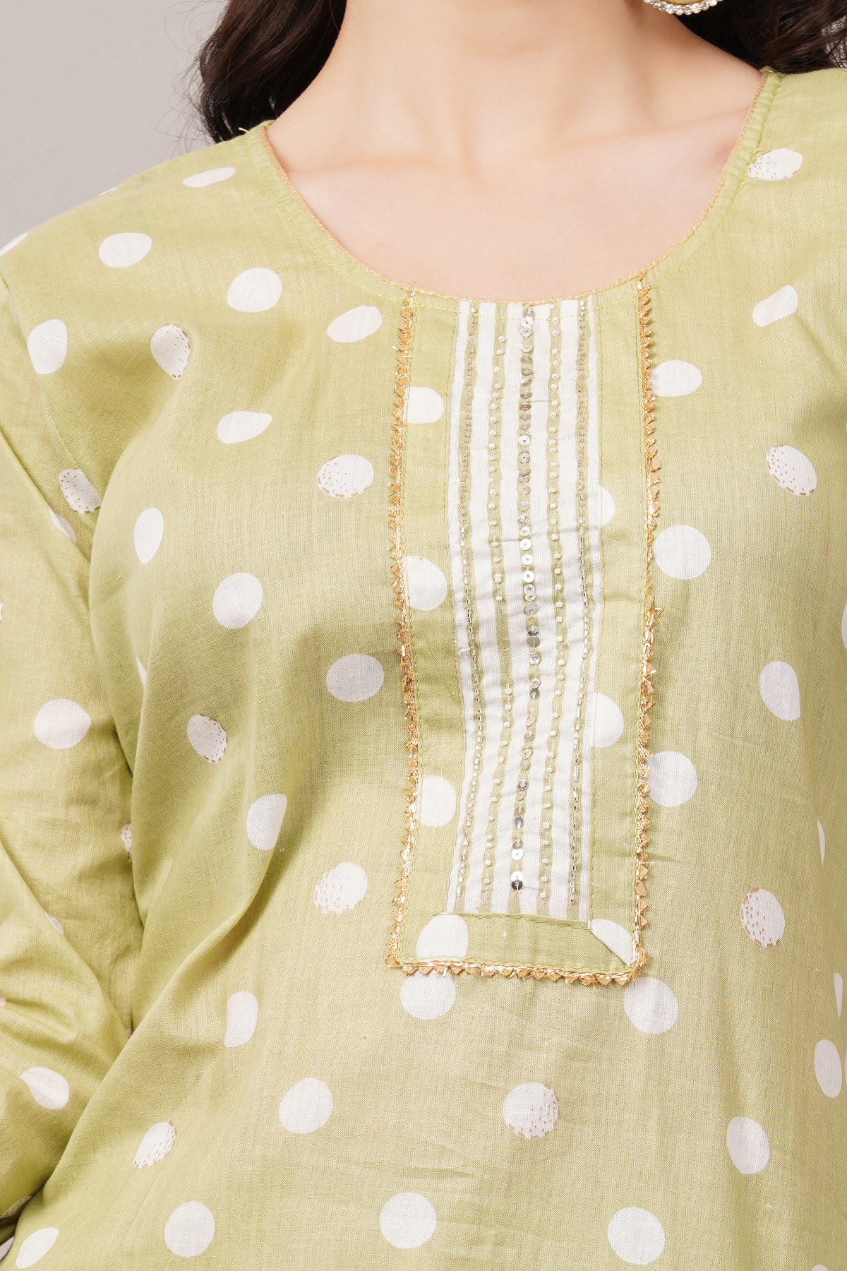 Cotton Polka Dot Salwar Suit Set, 3/4 Sleeves with Striped Pants and Dupatta, Light Green