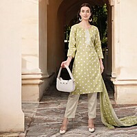 Cotton Polka Dot Salwar Suit Set, 3/4 Sleeves with Striped Pants and Dupatta, Light Green