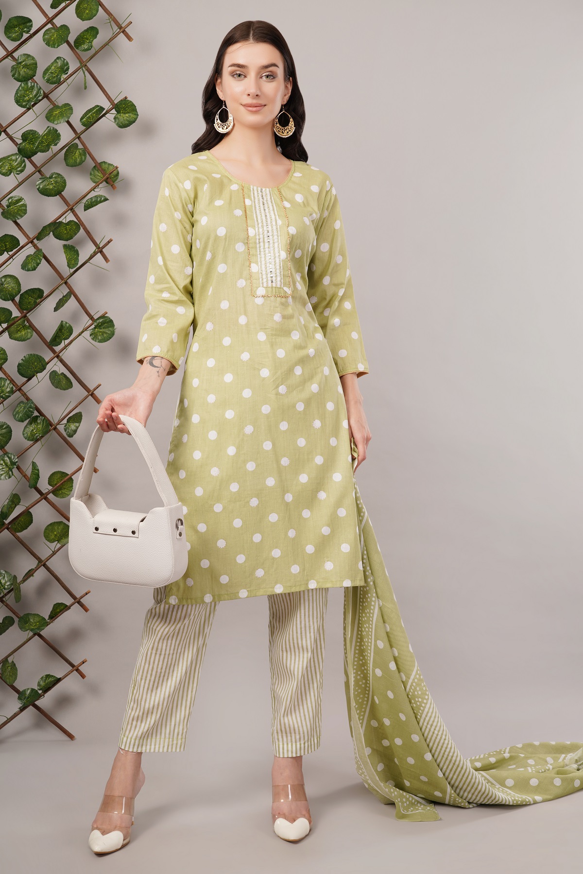 Cotton Polka Dot Salwar Suit Set, 3/4 Sleeves with Striped Pants and Dupatta, Light Green