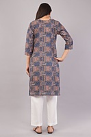Women's Geometric Print Cotton Kurta, 3/4 Sleeve, Blue and Peach