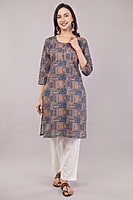 Women's Geometric Print Cotton Kurta, 3/4 Sleeve, Blue and Peach