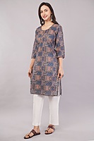 Women's Geometric Print Cotton Kurta, 3/4 Sleeve, Blue and Peach
