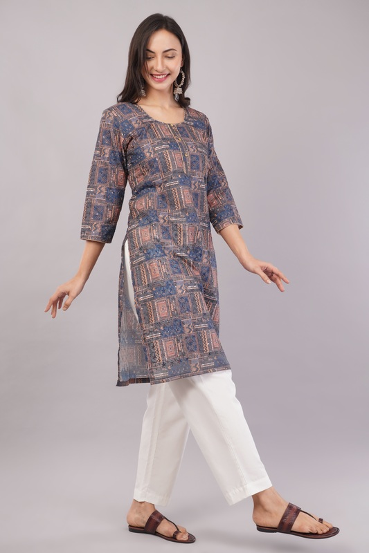 Women's Geometric Print Cotton Kurta, 3/4 Sleeve, Blue and Peach
