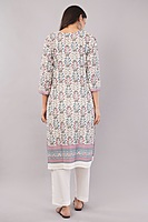 Floral Print Cotton Salwar Suit Set with Embroidered Details, 3/4 Sleeves, White Dupatta