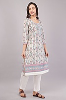 Floral Print Cotton Salwar Suit Set with Embroidered Details, 3/4 Sleeves, White Dupatta