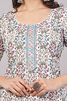 Floral Print Cotton Salwar Suit Set with Embroidered Details, 3/4 Sleeves, White Dupatta
