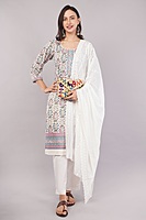 Floral Print Cotton Salwar Suit Set with Embroidered Details, 3/4 Sleeves, White Dupatta
