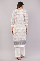 Traditional Printed Salwar Suit Set with Dupatta, White and Grey, 3/4 Sleeve Kurta with Pants