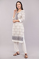 Traditional Printed Salwar Suit Set with Dupatta, White and Grey, 3/4 Sleeve Kurta with Pants