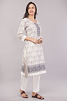 Traditional Printed Salwar Suit Set with Dupatta, White and Grey, 3/4 Sleeve Kurta with Pants