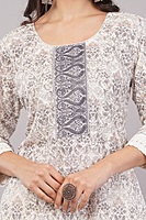 Traditional Printed Salwar Suit Set with Dupatta, White and Grey, 3/4 Sleeve Kurta with Pants