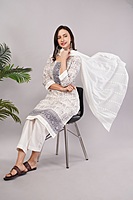 Traditional Printed Salwar Suit Set with Dupatta, White and Grey, 3/4 Sleeve Kurta with Pants