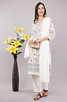 Cotton Salwar Suit Set, Printed Leaf Pattern with Embroidery, White Dupatta, Full Sleeves