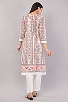 Traditional Printed and Embroidered Cotton Salwar Suit Set, White Dupatta with Pink Floral Pattern, 3/4 Sleeve
