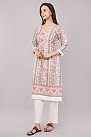 Traditional Printed and Embroidered Cotton Salwar Suit Set, White Dupatta with Pink Floral Pattern, 3/4 Sleeve