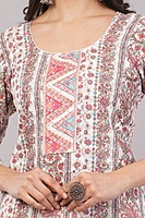 Traditional Printed and Embroidered Cotton Salwar Suit Set, White Dupatta with Pink Floral Pattern, 3/4 Sleeve