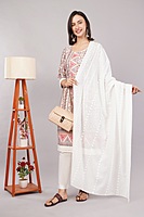 Traditional Printed and Embroidered Cotton Salwar Suit Set, White Dupatta with Pink Floral Pattern, 3/4 Sleeve