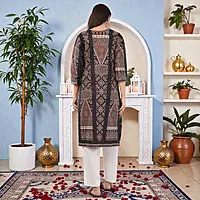 Women's Cotton Kurta, Traditional Geometric Print, 3/4 Sleeves, Black and Peach