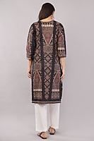 Women's Cotton Kurta, Traditional Geometric Print, 3/4 Sleeves, Black and Peach