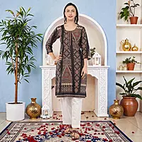 Women's Cotton Kurta, Traditional Geometric Print, 3/4 Sleeves, Black and Peach