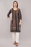 Women's Cotton Kurta, Traditional Geometric Print, 3/4 Sleeves, Black and Peach