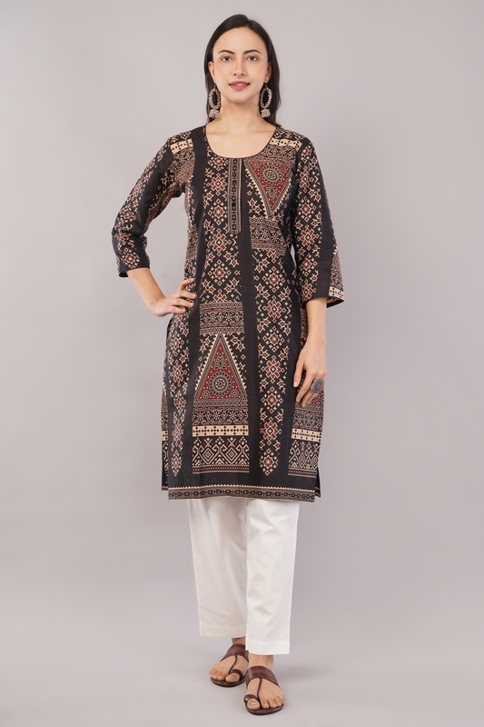 Women's Cotton Kurta, Traditional Geometric Print, 3/4 Sleeves, Black and Peach
