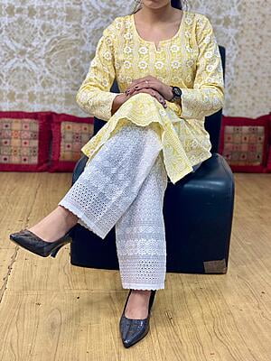 Cotton Lucknowi Chikan Palazzo-Yellow