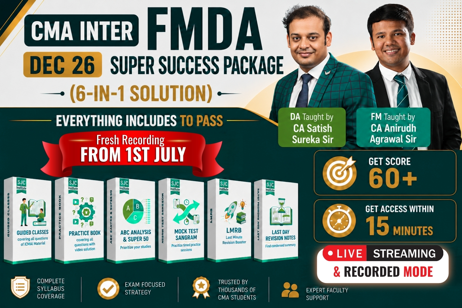 CMA Inter FMDA Dec 26 – Super Success Package of 6 Solution in 1 Combo - Aim 60+ Marks - DA Taught by CA Satish Sureka Sir & FM Taught by CA Anirudh Singhania
