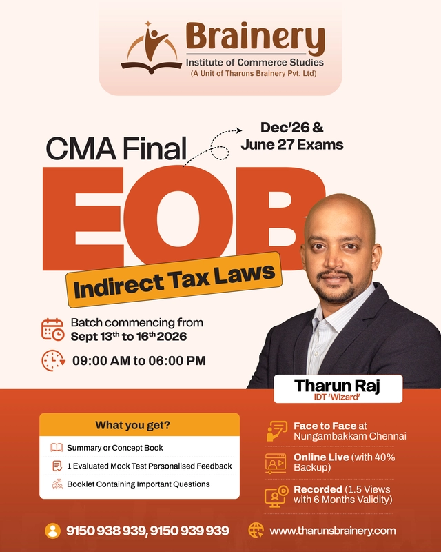 CMA Final - Indirect Tax Laws - Exam Oriented Batch - Dec 2026 Exam